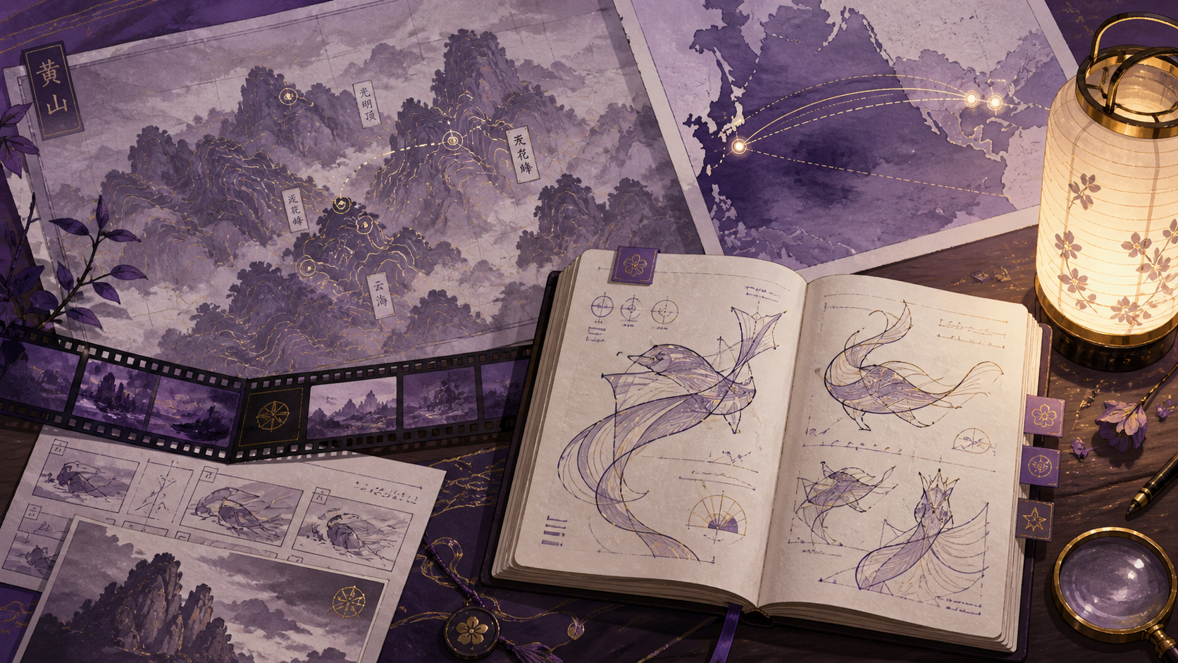 Original painted research table with a Huangshan map, abstract creature sketches, storyboards, film strips, and an international broadcast route