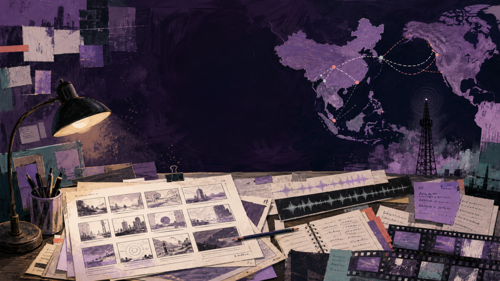 Original painted editorial production desk with storyboards, audio tracks, film frames, broadcast tower, and an international route map