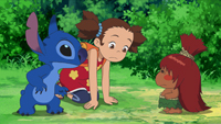 Stitch and Yuna meeting Kijimunaa in the official TV Tokyo still for Episode 3