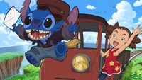 Stitch and Yuna using the sugarcane railway in the official TV Tokyo still for Stitch anime Episode 19