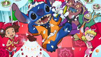 Stitch trying to protect Yuna’s birthday surprise in the official TV Tokyo still for Stitch anime Episode 21