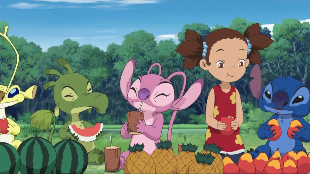 Stitch captured during the first half of the Hämsterviel showdown in the official Disney Plus still for Stitch anime Episode 24