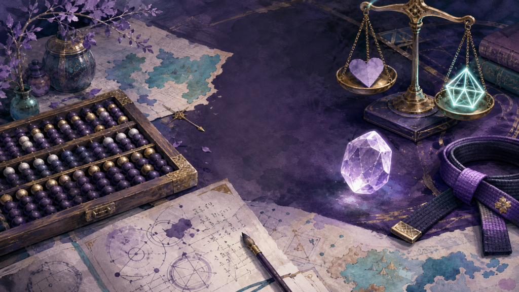 Original painted research still life with a glowing faceted stone, abstract counting frame, balanced heart and power symbols, island maps, and a martial arts belt