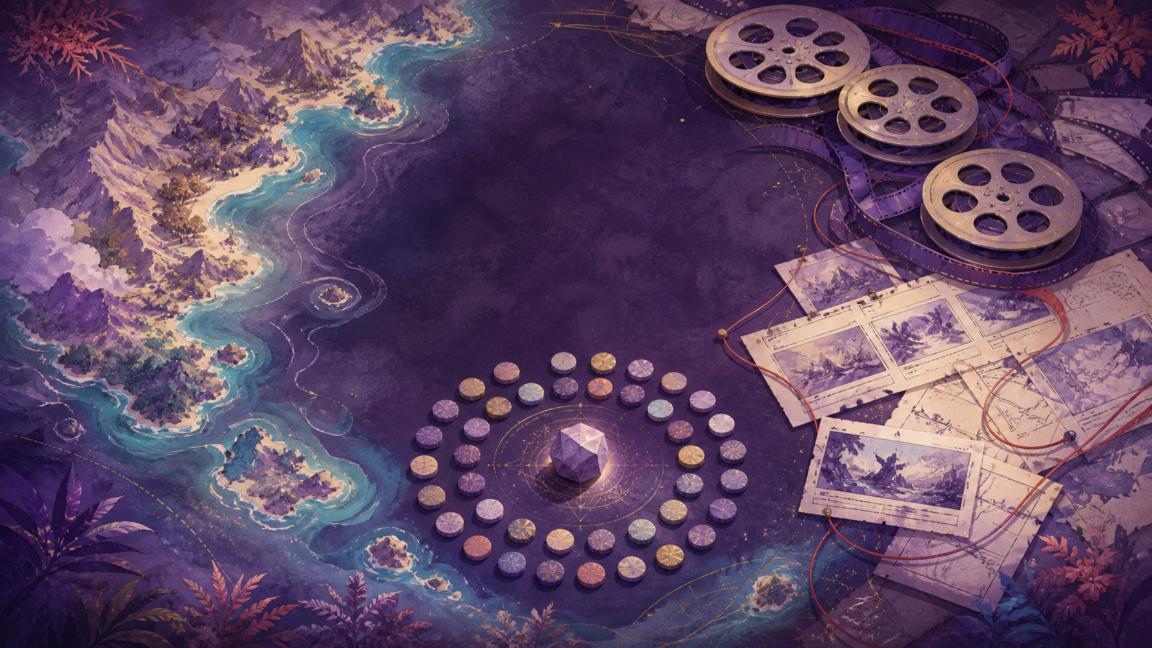 Original painted research overview with a fictional island map, counting tokens around a faceted stone, film reels, and storyboard records