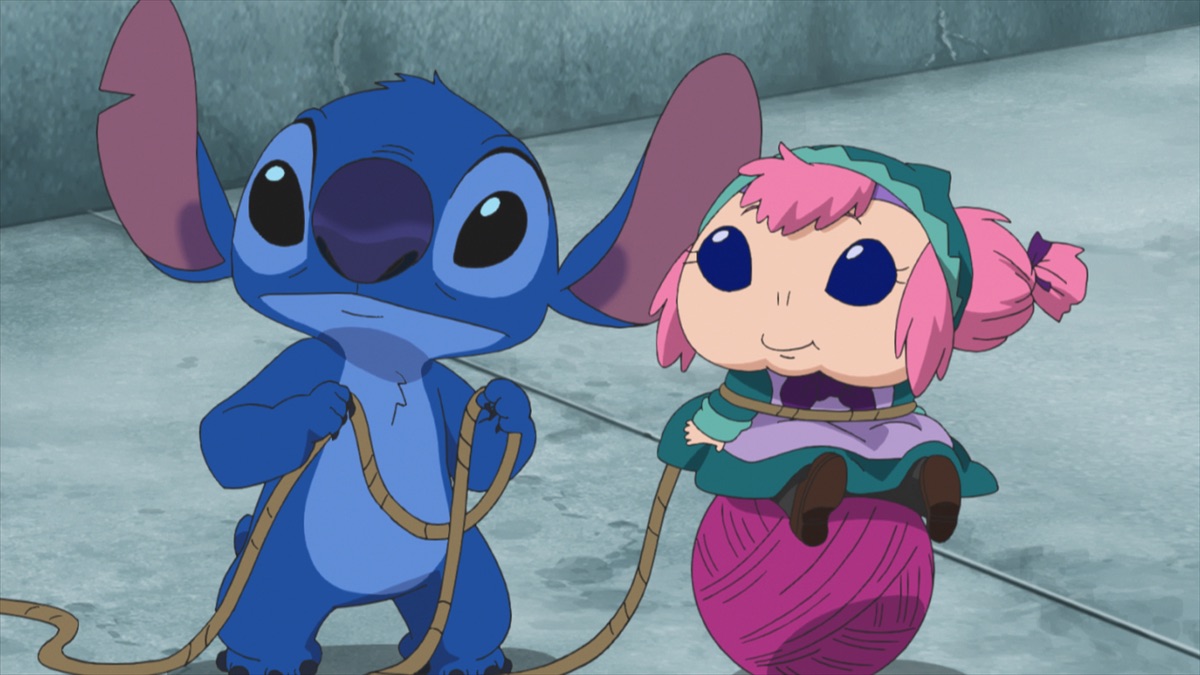 Sae, Yuna, Piko, and Stitch during the fashion contest in the official Apple TV still for Stitch anime season two Episode 4