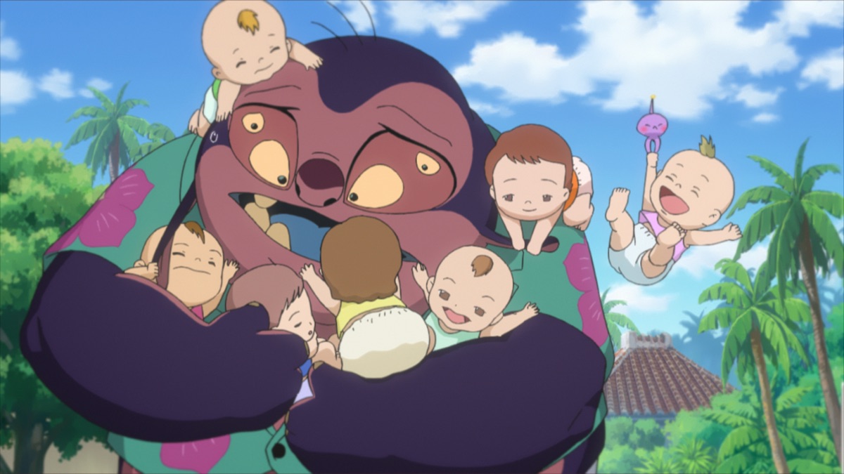 Yuna and Piko stuck together by Link in the official Apple TV still for Stitch anime season two Episode 7