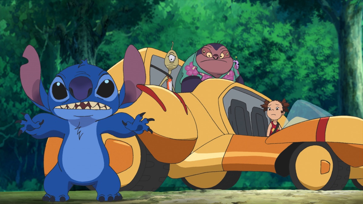 Yuna, Sae, and Stitch during the missing strap search in the official Apple TV still for Stitch anime season two Episode 8