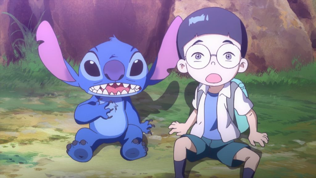 Stitch and Taro after Mabu Itokkae swaps their souls in the official Apple TV still for Stitch anime season two Episode 10
