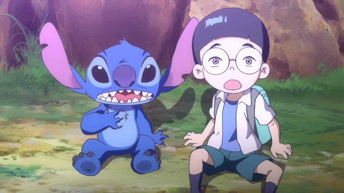 Stitch and Taro after Mabu Itokkae swaps their souls in the official Apple TV still for Stitch anime season two Episode 10