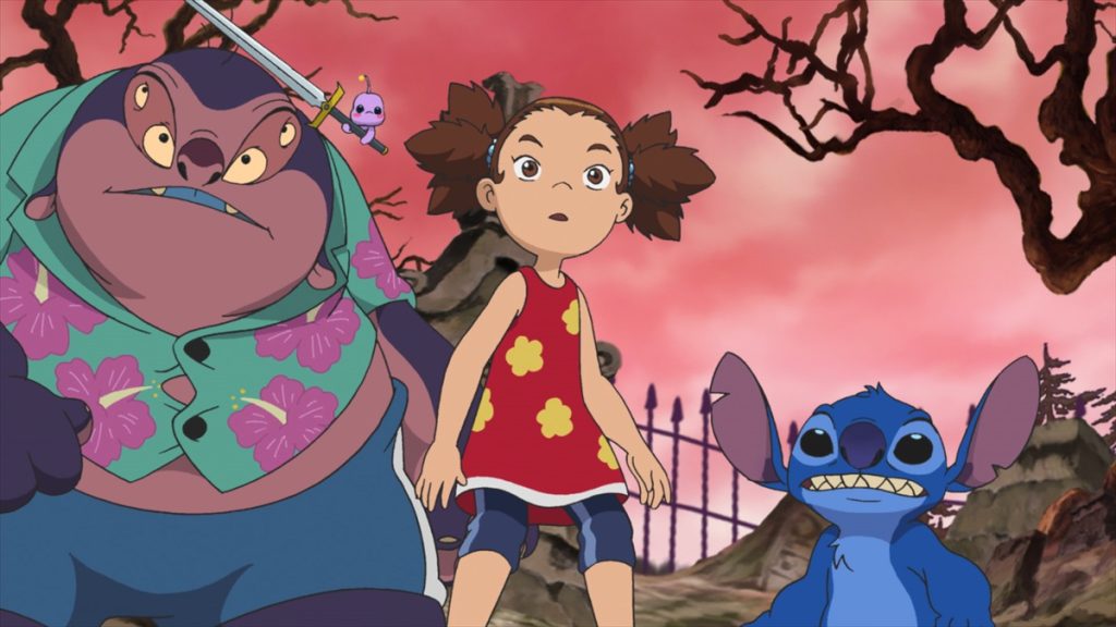 Yuna, Stitch, Jumba, and Pleakley inside the dream game in the official Apple TV still for Stitch anime season two Episode 12