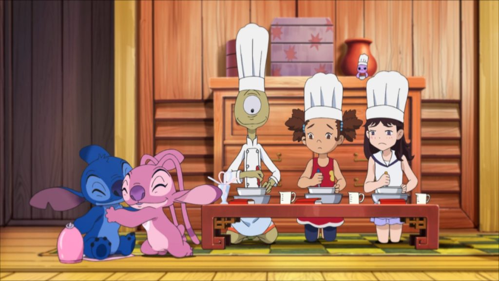 Stitch and Angel during the Valentine disaster in the official Apple TV still for Stitch anime season two Episode 14