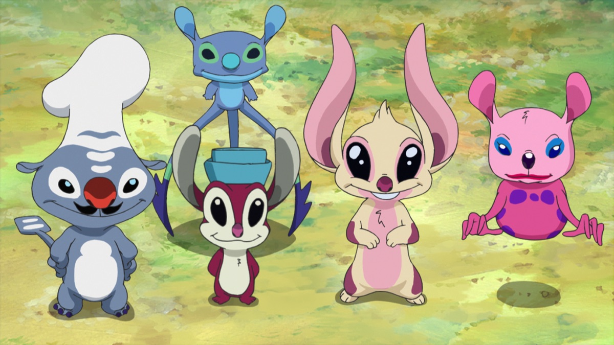 The five discarded experiments carrying Hämsterviel’s dangerous box in the official Apple TV still for Stitch anime season two Episode 22