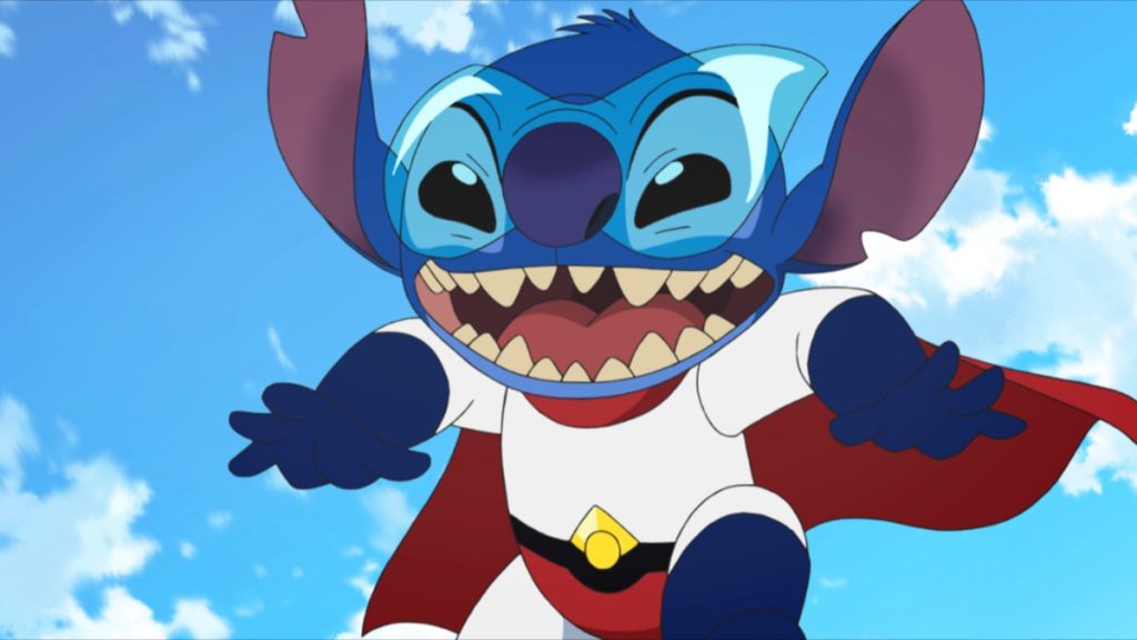 Stitch confronting Bonnie and Clyde during their Izayoi Island theft spree in the official Apple TV still for Stitch anime season two Episode 24