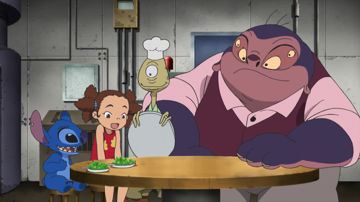 Stitch and Yuna confronting the isolated parallel Experiment 626 in the official Apple TV still for Stitch anime season two Episode 25