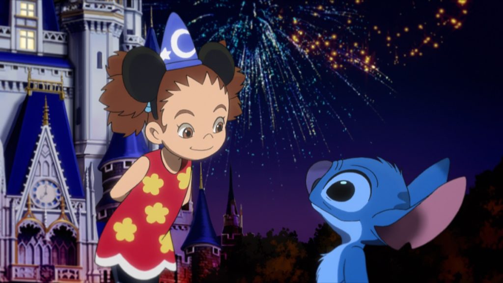 Stitch searching Tokyo Disneyland after missing Yuna’s flight in the official Apple TV still for Stitch anime season two Episode 26