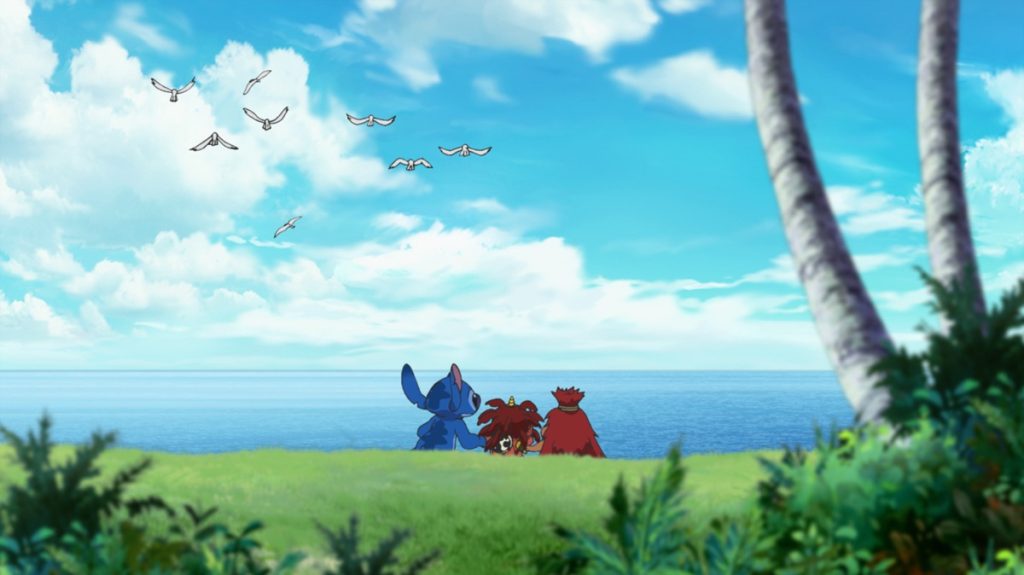 Stitch carrying uncontrolled electrical power after drinking Jumba’s canned lightning in the official Apple TV still for Stitch anime season two Episode 27