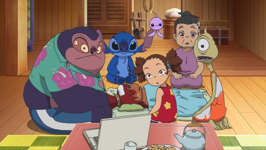Stitch confronting the enlarged Experiment 505 Ploot during the polluted sea crisis in the official Apple TV still for Stitch anime season two Episode 28