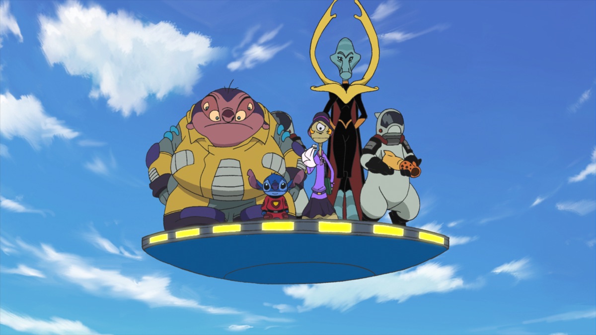 Stitch leaving Yuna to confront Experiment Zero during the galactic war in the official Apple TV still for Stitch anime season two Episode 29
