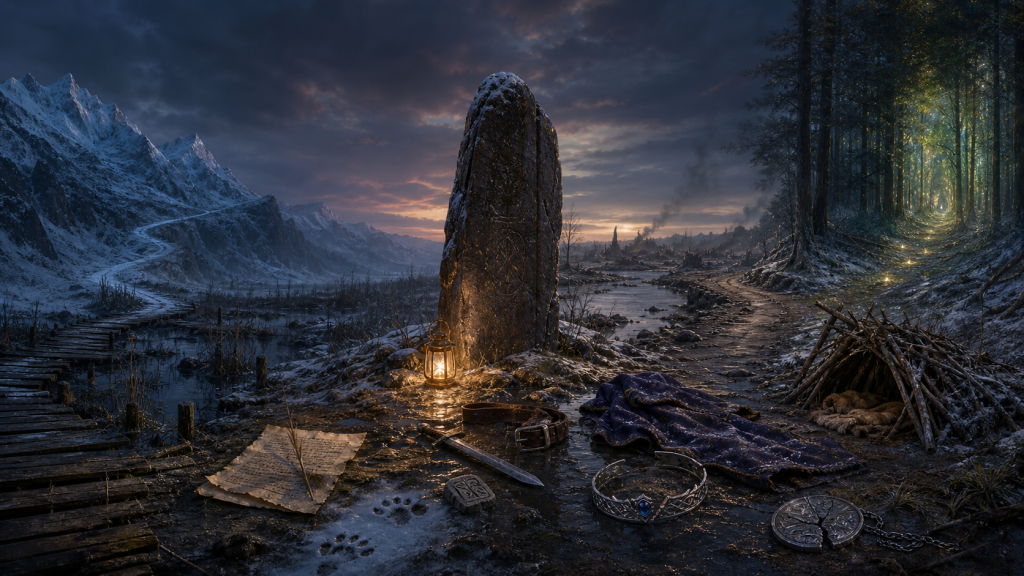 Four winter roads converge around an ancient standing stone with symbols of unfinished character journeys