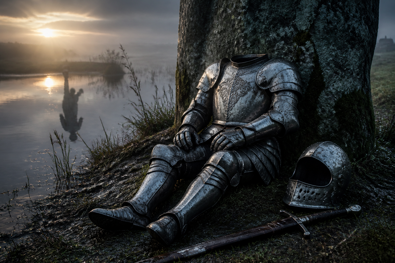 Empty weathered white-silver knight armor beside a river stone with its helmet and sheathed sword nearby