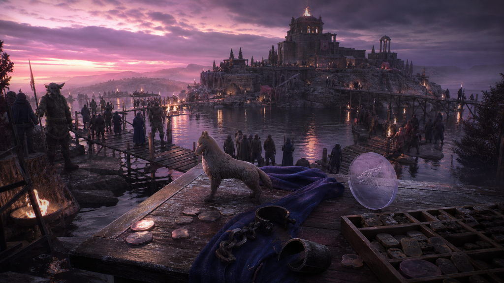 The flooded Stone of Farewell receives many distant travelers around an organized character archive table