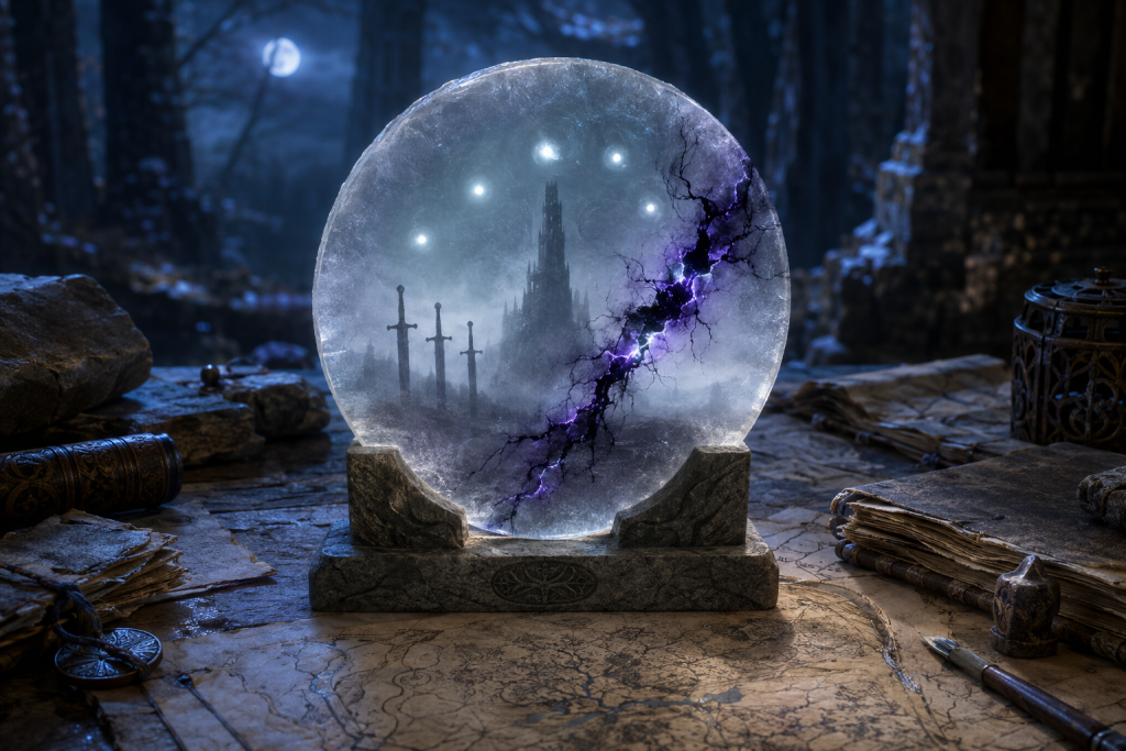 A translucent circular Mist-Lamp disk showing a black tower, three swords, and five lights as violet-black force fractures the vision