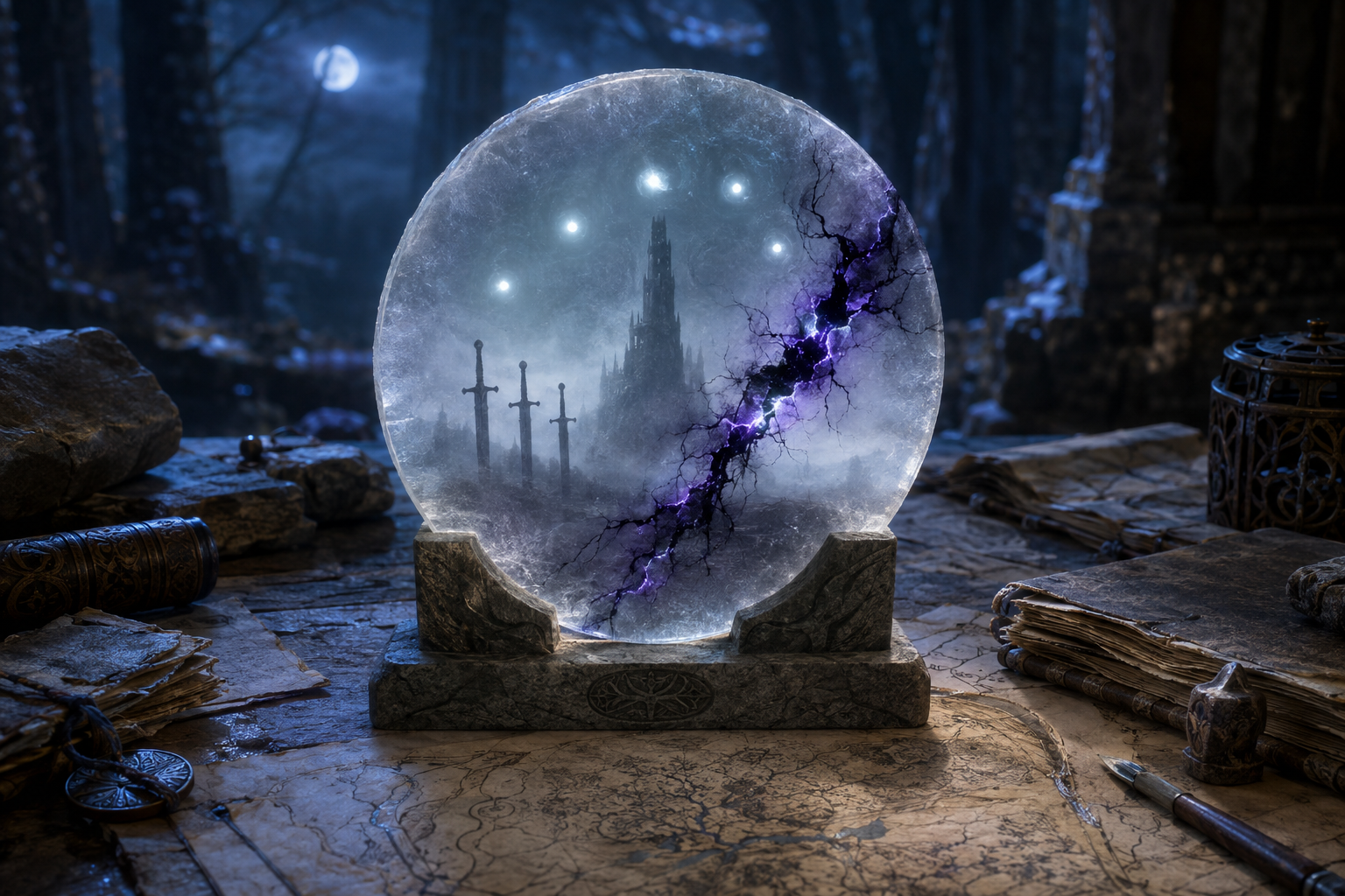 A translucent circular Mist-Lamp disk showing a black tower, three swords, and five lights as violet-black force fractures the vision