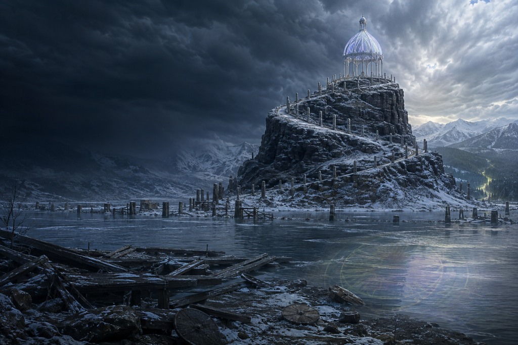 Flooded Sesuad’ra and its spiraling ancient pillars beneath an unnatural winter storm