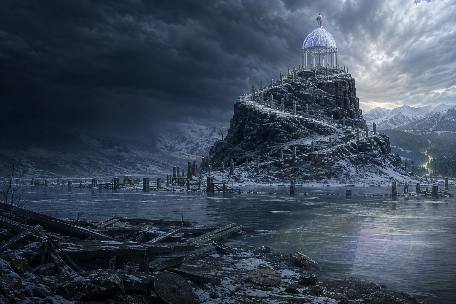 Flooded Sesuad’ra and its spiraling ancient pillars beneath an unnatural winter storm
