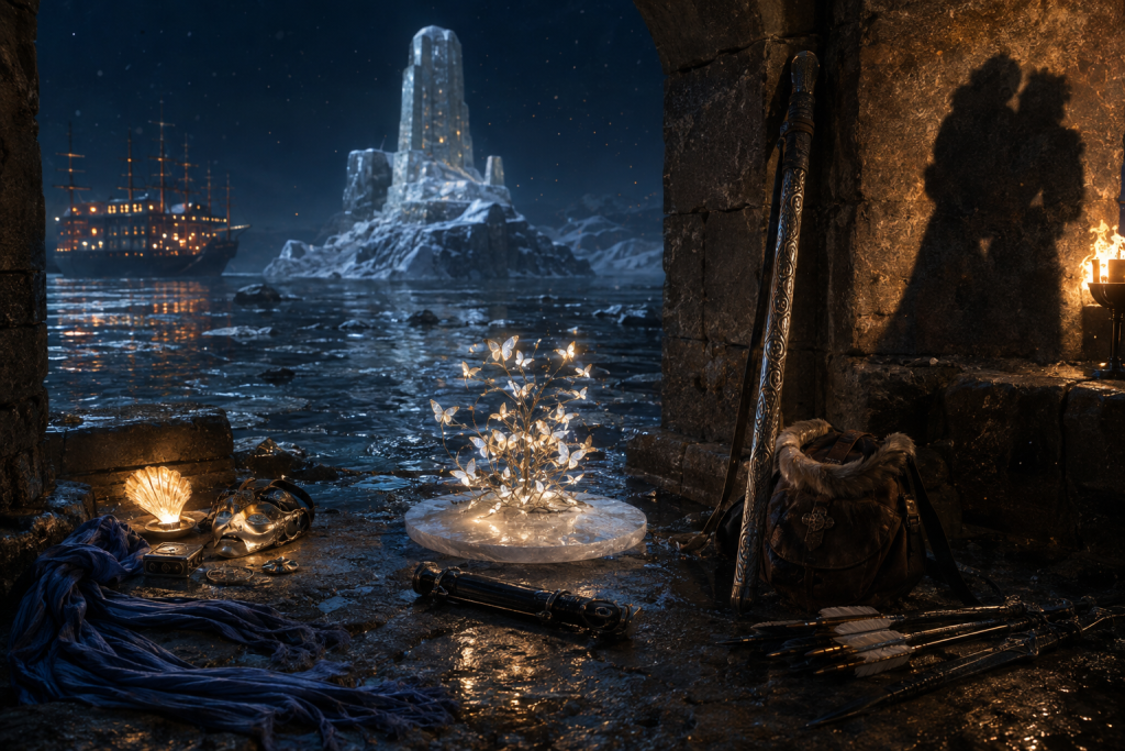 A flooded torchlit refuge holding a blue scarf and discarded disguise, luminous burning leaves above a disk, and two embracing shadows beside travel gear