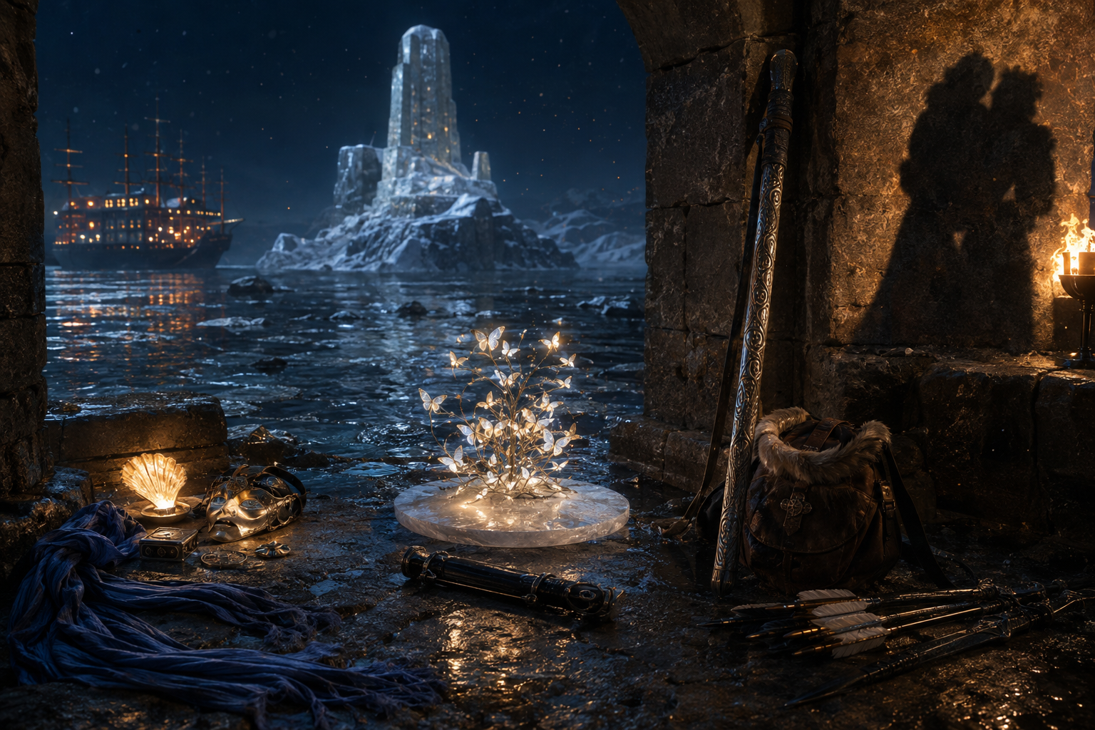 A flooded torchlit refuge holding a blue scarf and discarded disguise, luminous burning leaves above a disk, and two embracing shadows beside travel gear