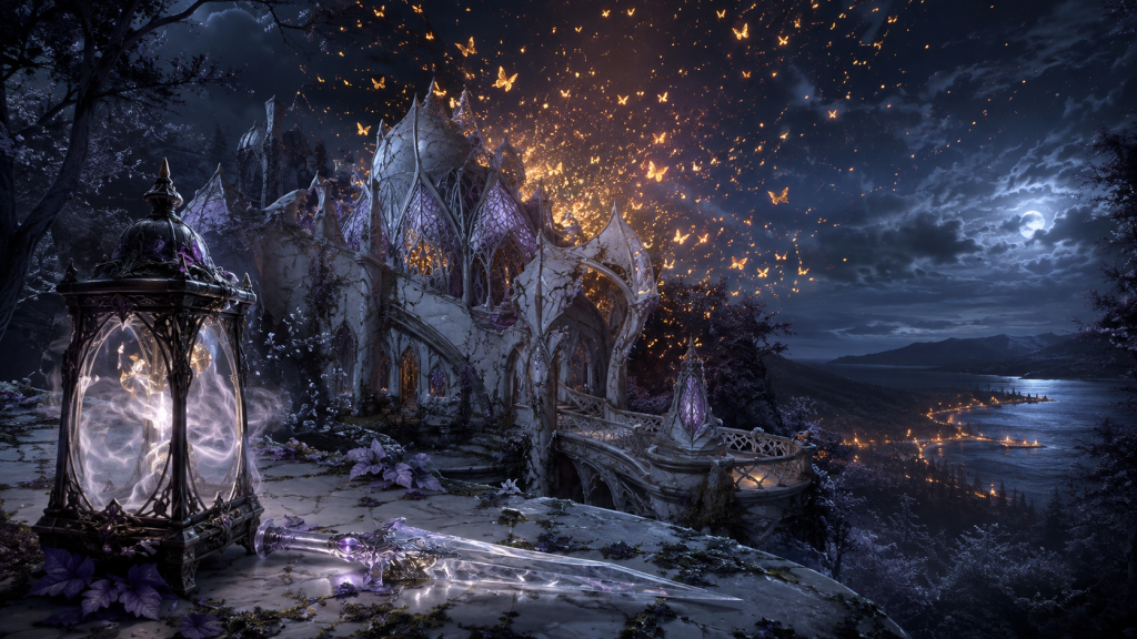 A breached moonlit sanctuary beneath burning butterflies, with a mist-filled lamp, symbolic crystal blade, and distant torchlit shore