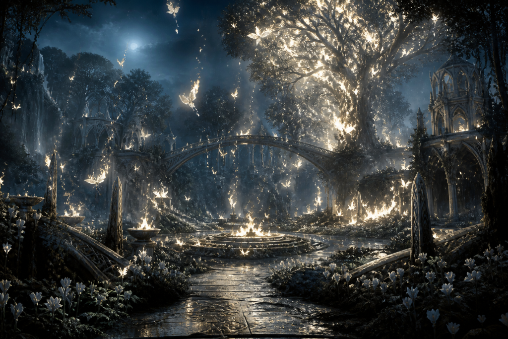 An ancient woodland sanctuary burning under white fire as luminous butterflies fall through a moonlit winter night