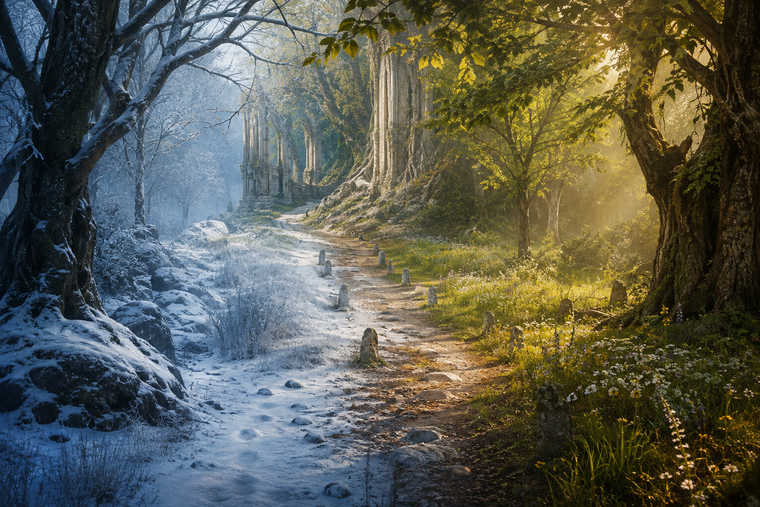 An ancient woodland road blending from snowy winter into remembered high summer without a visible portal