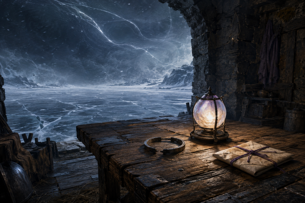 A repaired timber table holds a broken iron circle, opalescent lamp, and sealed message beside a frozen lake