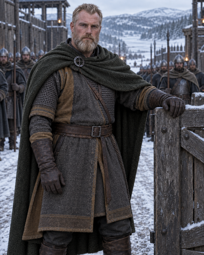 Thane Stortfot of Vestvennby blocks the snowbound road with his housecarls behind him