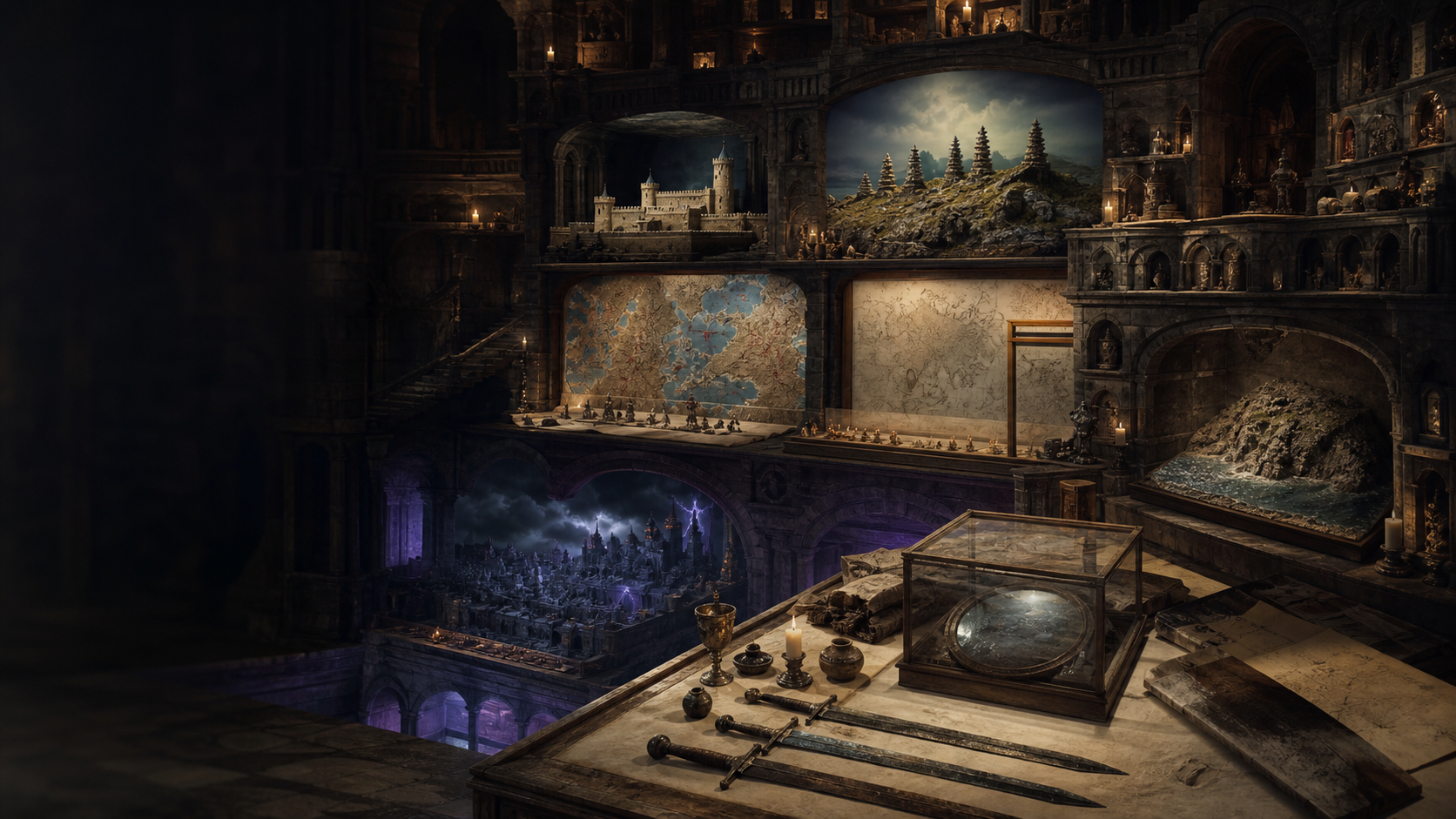 A vast fantasy archive containing maps, fortress models, funeral exhibits, mirrors, swords, and layered rabbit holes