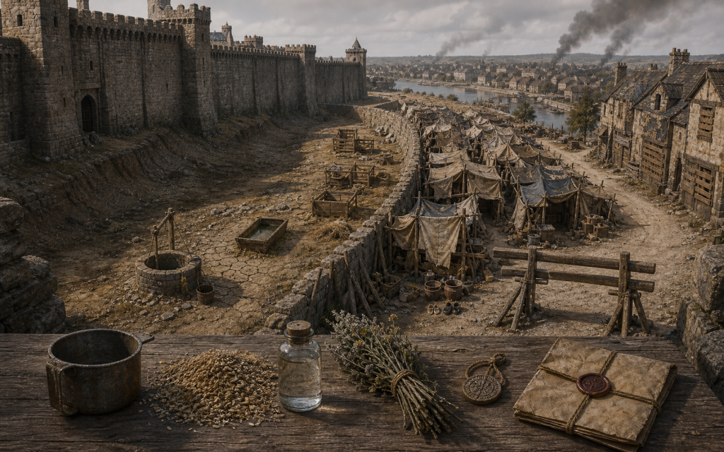 The Hayholt’s dry moat and strained well beside a dense refugee settlement, boarded streets, smoke, and separate evidence objects