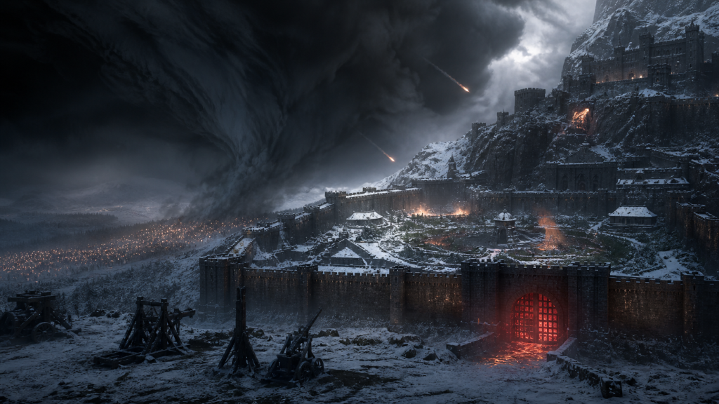 Naglimund under a black winter storm as withdrawn siege engines, internal breaches, and a red-hot gate reveal the attack sequence