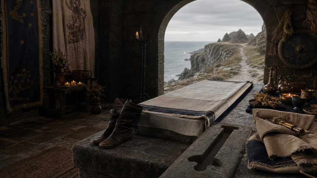 An empty linen-wrapped royal bier, battered boots, ritual objects, and a sea-cliff path toward burial cairns