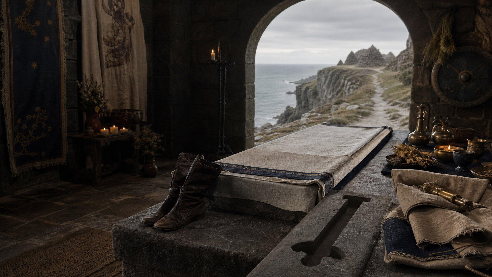 An empty linen-wrapped royal bier, battered boots, ritual objects, and a sea-cliff path toward burial cairns