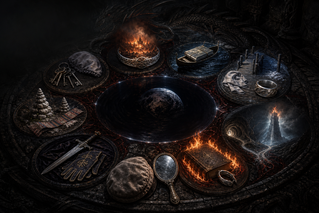 A circular character-free vision index surrounding black dragon blood with chambermaid keys, burning Naglimund, a manuscript boat, northern pier, two cairns, Sorrow, a flaming book, tunnels, and a burning white tower
