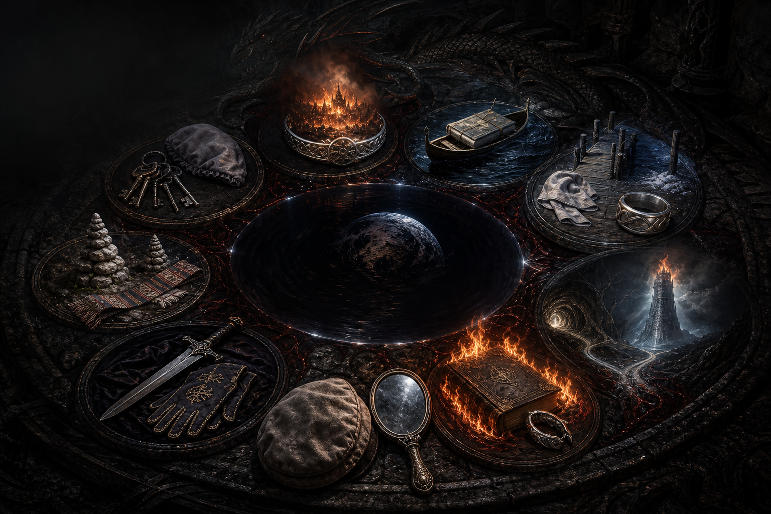 A circular character-free vision index surrounding black dragon blood with chambermaid keys, burning Naglimund, a manuscript boat, northern pier, two cairns, Sorrow, a flaming book, tunnels, and a burning white tower