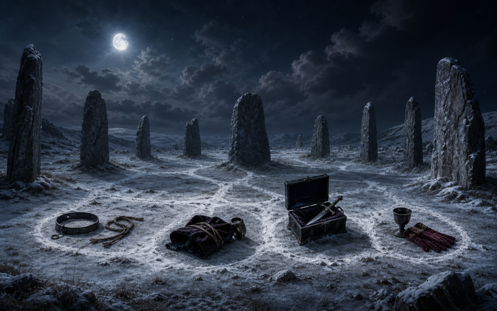 Four empty ritual stations inside the moonlit Anger Stones: cut restraints, a bound cloak, an opened black sword coffer, and an oath cup with royal gloves