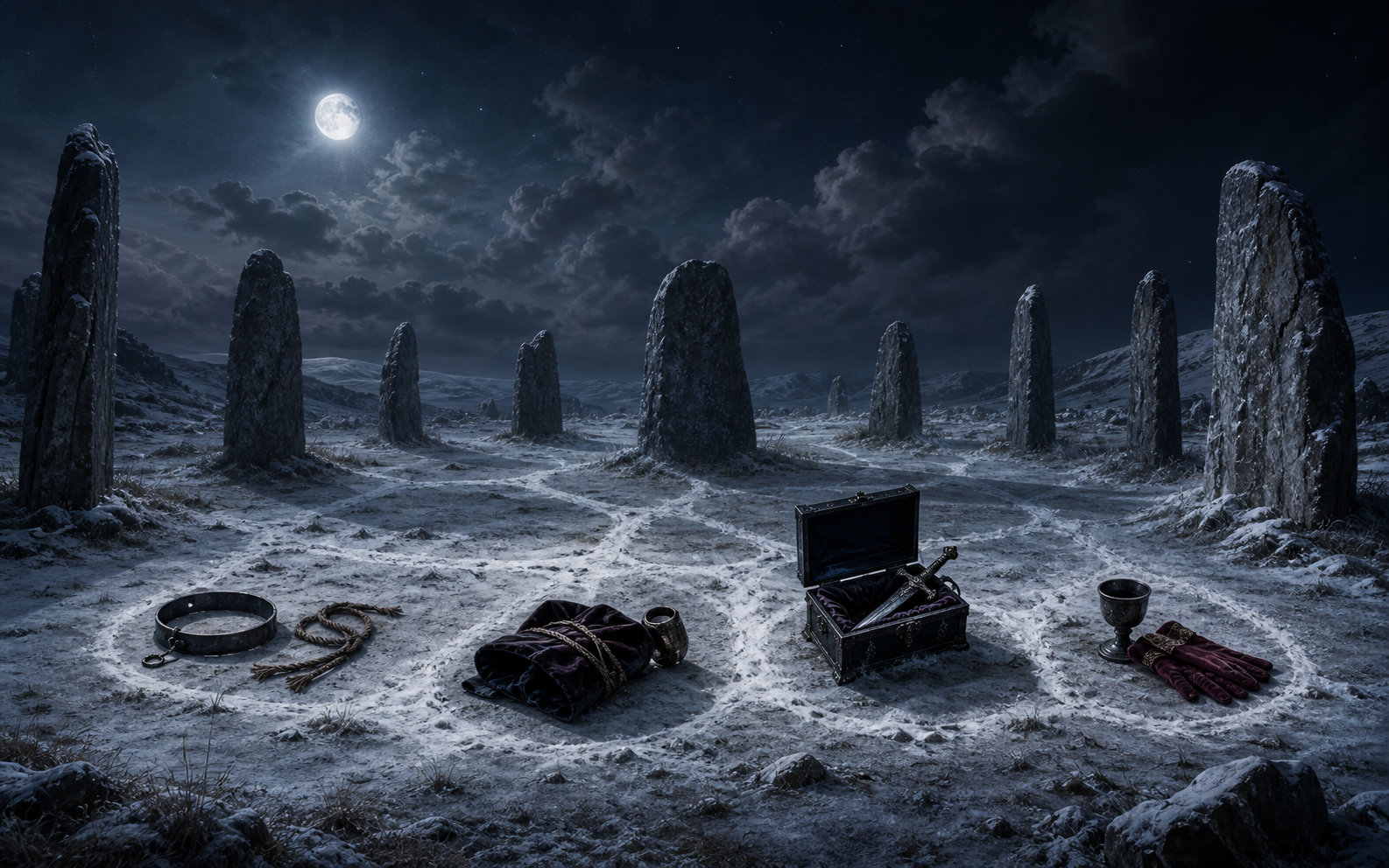 Four empty ritual stations inside the moonlit Anger Stones: cut restraints, a bound cloak, an opened black sword coffer, and an oath cup with royal gloves
