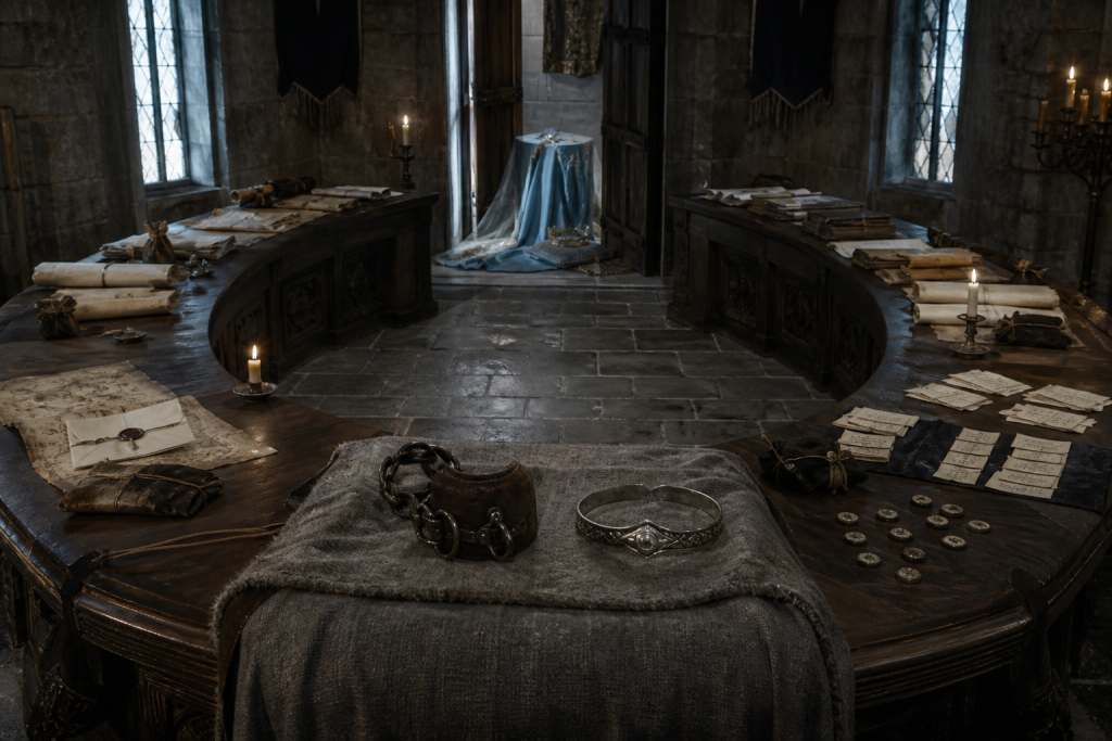 An empty horseshoe council table holding separate testimony, rumor, supply reports, Josua’s prison shackle, a silver circlet, and Miriamele’s sky-blue reveal at the doorway