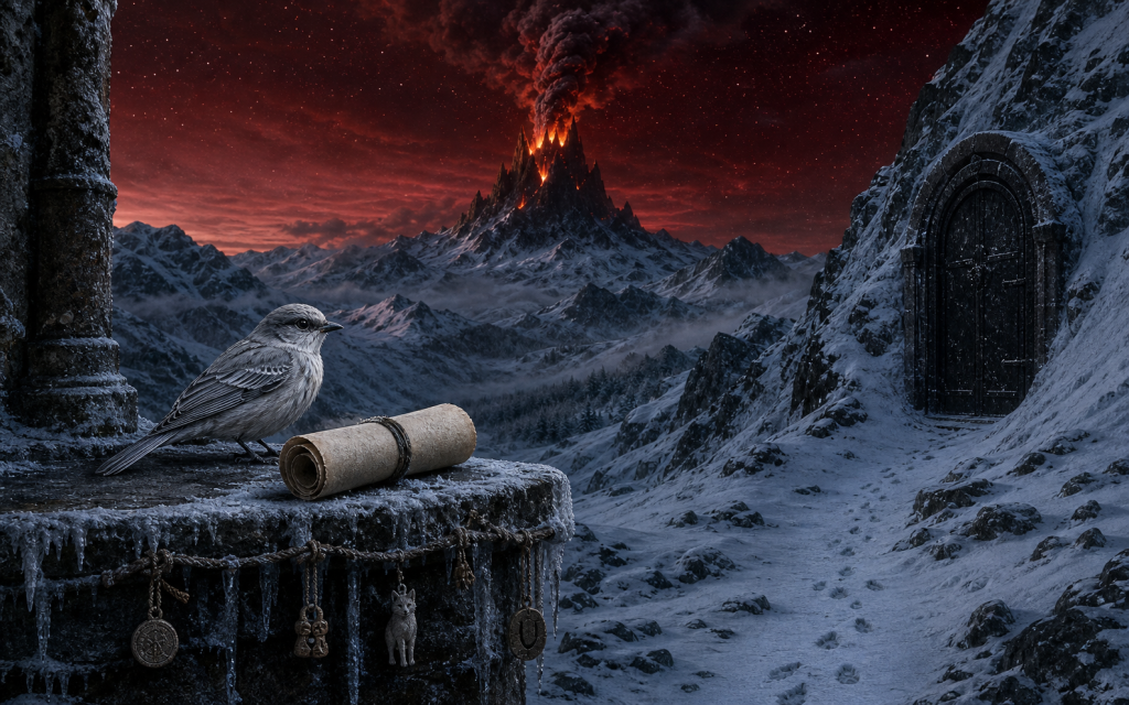 A silver message bird and blank scroll at Tungoldyr overlooking burning Stormspike, pale tracks, and a closed mountain door