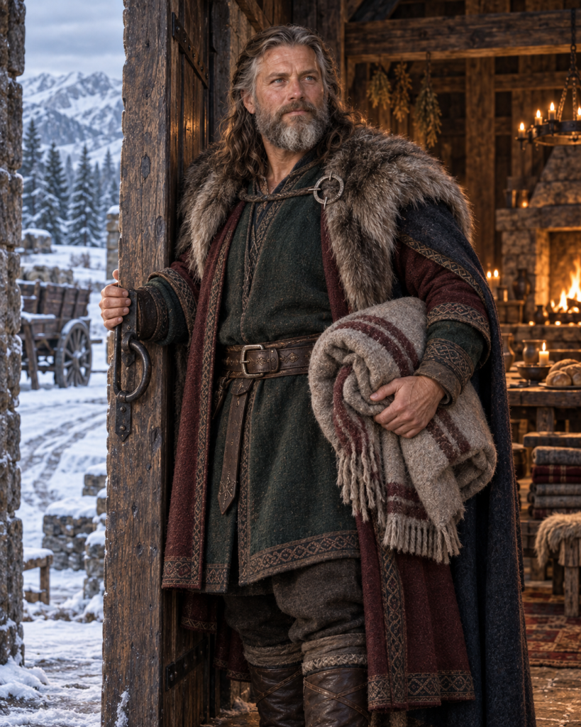 Thane Tonnrud, a mature northern lord, holding open his Skoggey hall door with a blanket ready