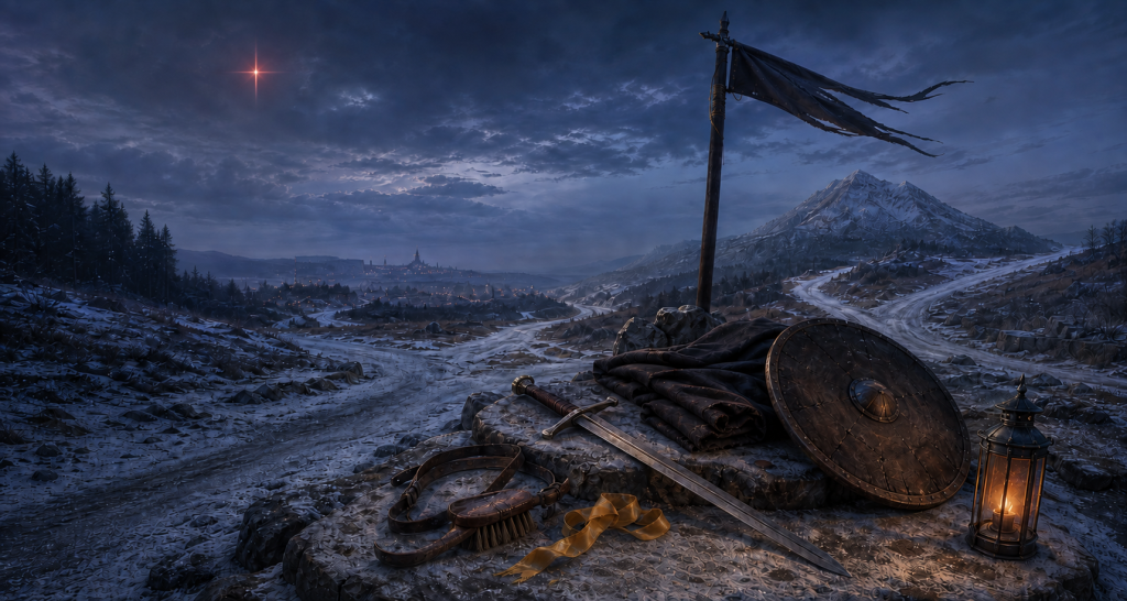 A sword, horse tack, golden ribbon, traveling cloak, shield, lantern, and blank standard at a snowy crossroads