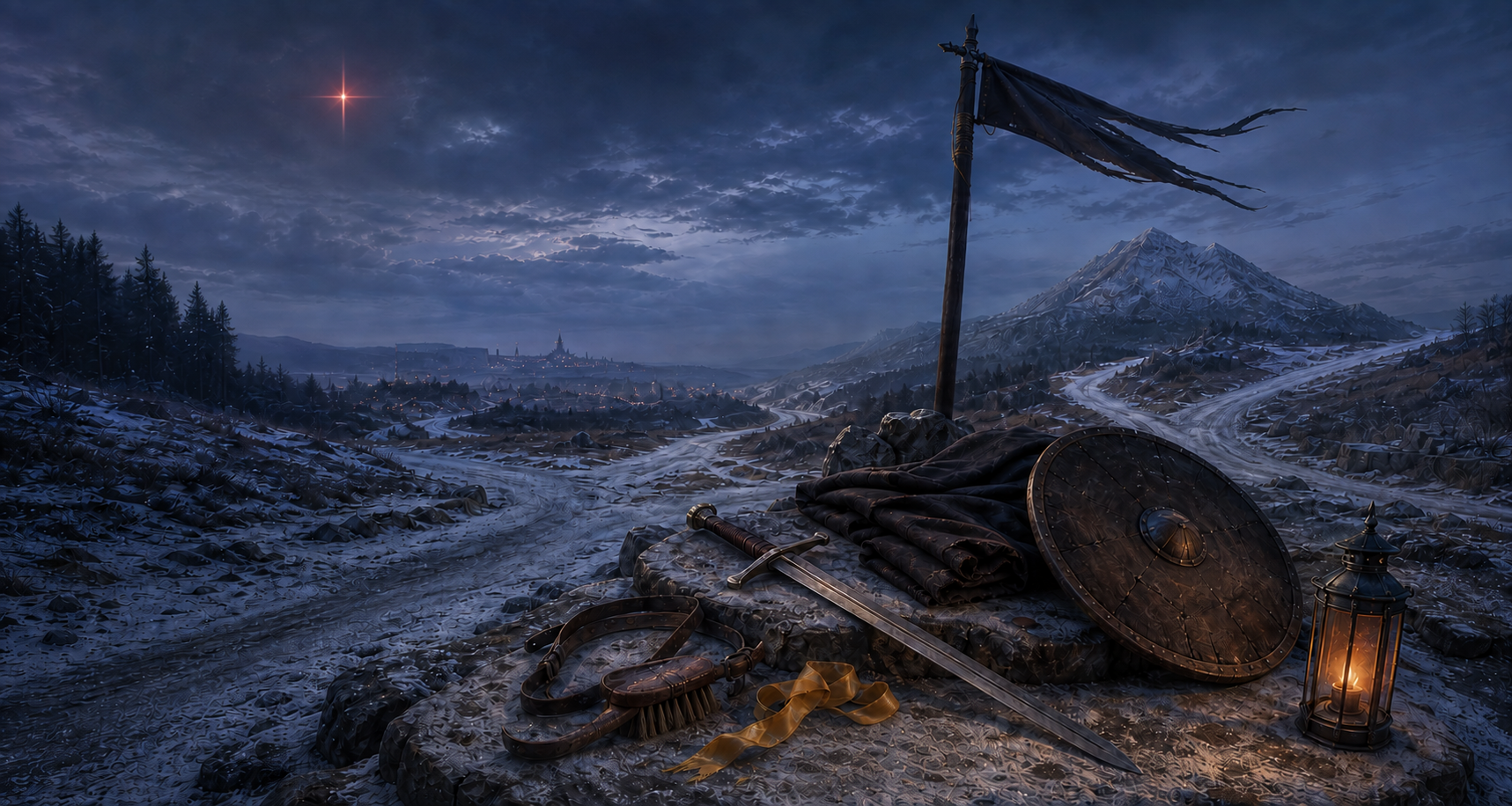 A sword, horse tack, golden ribbon, traveling cloak, shield, lantern, and blank standard at a snowy crossroads